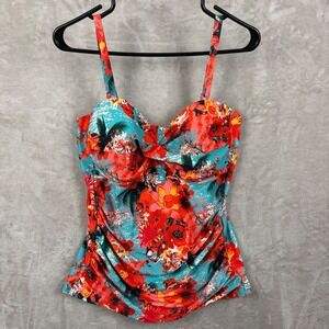 Ocean Blues Tankini Top Women XL Blue Floral Ruched Tropical Swim Vacation Beach